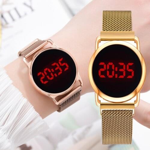 Branded Rose gold Womens watches Luxury Electronic watch LED Round Screen Stainless steel strap Fashion Clock Gift Montre femme
