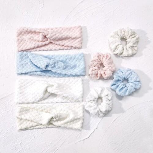 Women Microfiber Towel Headband Scrunchie Set Cute Ice Cream Color Dots Solid Hairband Rope Band for Sports Absorb Water Easily