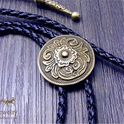 Art Bolo Tie Antique Brass Silver color Flower Totem Round Buckle Adjustable Western Cowboy Novelty Ties