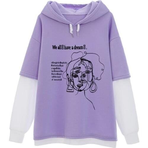 Fake Two Piece Hoodie Line Face Art Top Pullover Sweatshirt Oversized Women Graphic Clothes Vintage Sweatshirt Long Sleeve