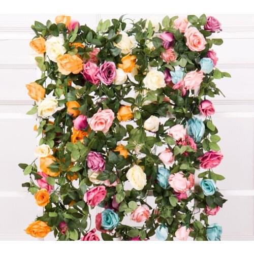 215cm Artificial Flowers Roses Rattan String Vine Ivy Wedding Arch Garland Hanging Wall Romantic Rose Garden Home Decoration
