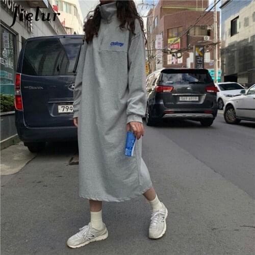 Jielur New Autumn Cool Long Sweatshirt Gray Black Hoodies Women Korean Fashion Loose Thin Zipper Pullovers Casual Letter Top
