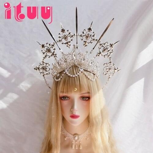 KC Halo Crown Lolita Sun Goddess Virgin Mary Spiked Halo Bride Crown Headpiece Halloween Costume Accessories Baroque Headwear