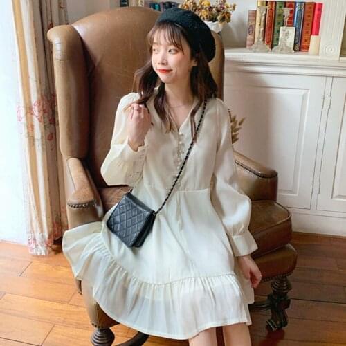 Korean-Style V-neck Loose Slimming Thin Long-Sleeved Dress fairy dress tea party lolita dress sweet lolita doll renaissance