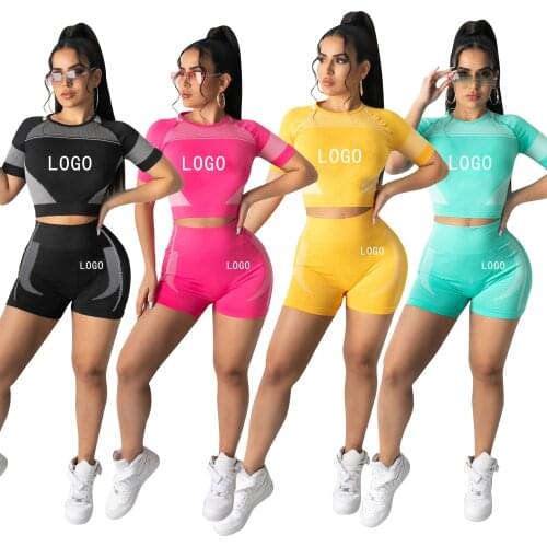 Echoine Summer Splicing Sports Two Piece Set Women Sexy Fashion Casual Crop Tops Shorts Suit Jogger Tracksuit Matching Outfits