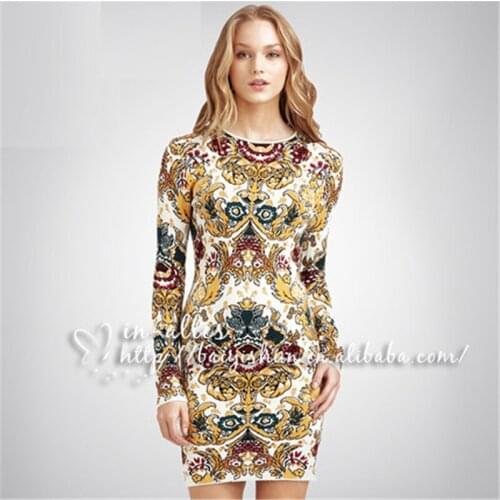 Spring/Autumn Nice Rayon Bandage Dress Long Sleeve O-Neck Printing Above Knee Sexy Red Bodycon Women Dress Evening Party Dress