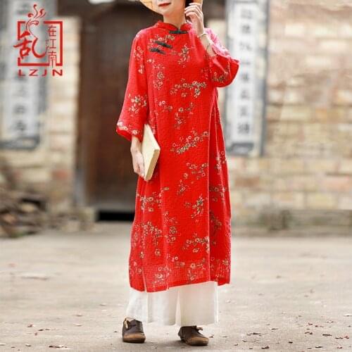 LZJN Red Floral Dress 2019 Summer Autumn 3/4 Sleeve Mandarin Collar Chinese Long Dress Cotton Cheongsam Qipao Vintage Robe Femme