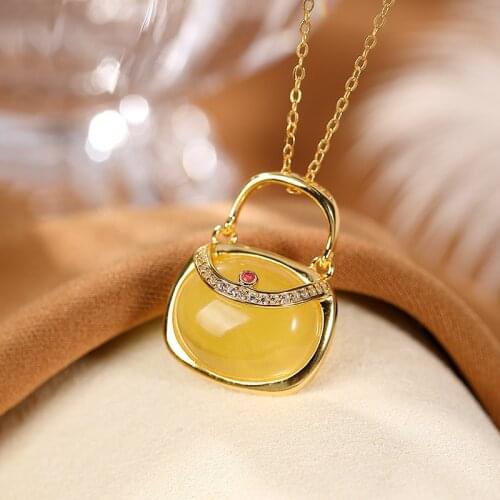 Natural 925 sterling silver gilt amber temperament individuality bag pendants gold necklace luxury gold filled necklace