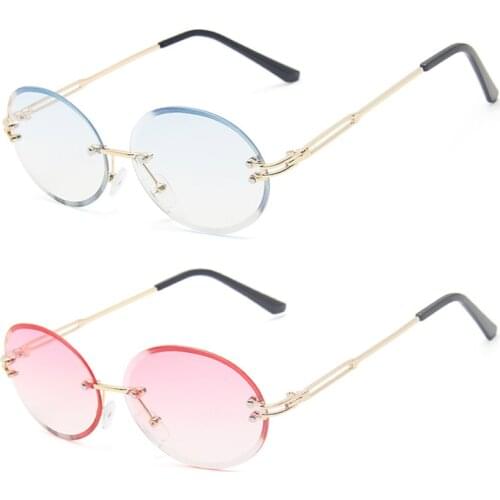 Sunglasses Women Retro Metal Frameless Sun Glasses Oval UV400 Blue Female Eyeglasses Gradient Acrylic Lens Pink Glasses Eyewear