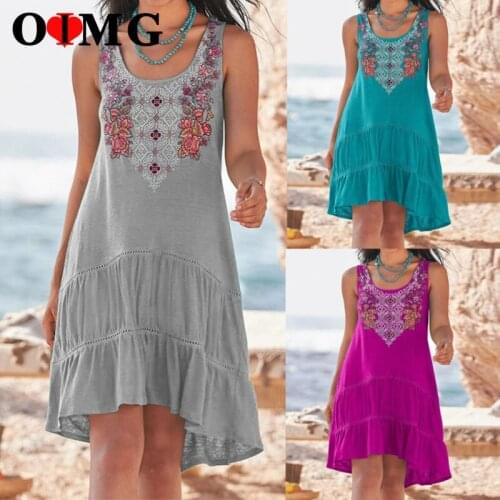OIMG Plus Size 4XL 5XL Patchwork Beach Dress Embroidered Sleeveless Big Swing Stitching Boho Casual Midi Dresses Dropship 10290