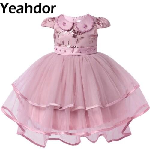 Flower Girls Dresses Infant Baby Girls Sleeveless Beaded Embroidered Flower Dresses High-Low Hem Tutu Mesh Party Dress Wedding