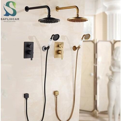 Concealed Bathroom Shower Faucet Wall Mount Bath Shower Mixer Tap Antique Brass 8" Rainfall with Handshower Black Shower System