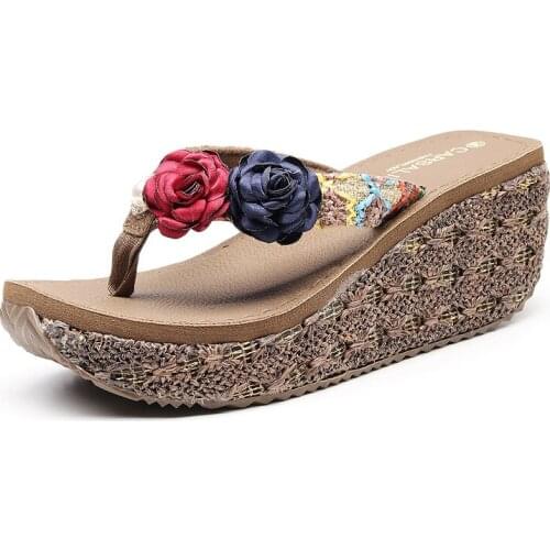 7 CM High Heel Women Wedge Non-Slip Outdoor Slipper Summer Beach Shoes Female Floral Flip-Flop Bohemian String Bead Lady Sandals