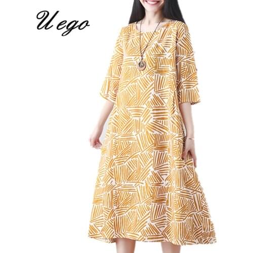 Uego 2021 New Arrival Short Sleeve Summer Dress Cotton Linen Printing Plus Size Loose Women Casual Midi Dress Vintage Dress