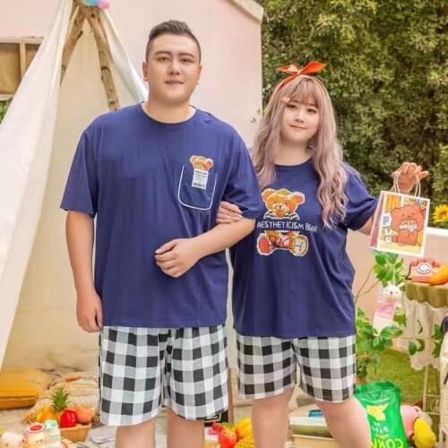 Korean casual couple pajamas summer cartoon bear pure cotton short-sleeved shorts plaid plus size mens and womens home service