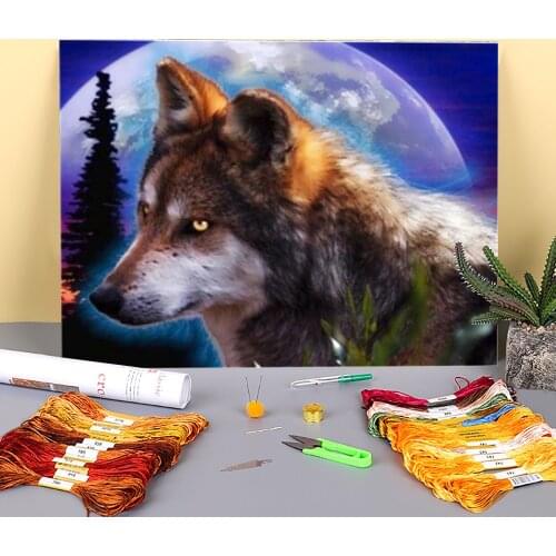Wolf Animal Printed Water-Soluble Canvas 11CT Cross Stitch Embroidery Patterns DMC Threads Painting Handicraft Magic