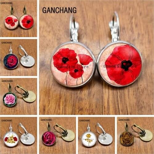 Convex round glass earrings, convex poppies, simple earrings, poppies