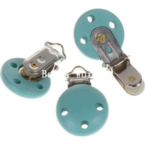 5 Pcs Peacock Blue Three Holes Round Wood Baby Pacifier Clip Metal Holders Cute Infant Soother Clasps Accessories 45x29mm