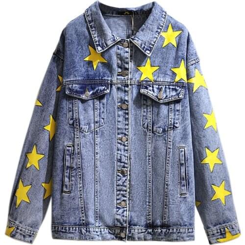 Plus Size 5XL 6XL Denim Jacket Women Oversize Clothing 2021 New Spring Autumn Five-Pointed Star Print Jeans Coat Female Outwear