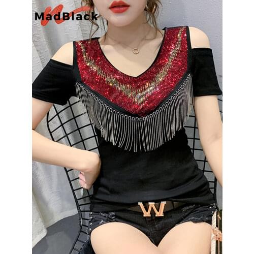 Summer European Clothes T-shirt Fashion Sexy Off Shoulder Coloured Diamonds Tassel Women Tops Ropa Mujer Shirt Tees 2020 T05607