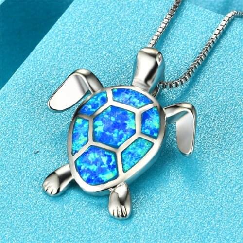 Girls Cute Turtle Pendant Necklaces For Women 925 Sterling Silver Filled Blue Green White Fire Opal Necklace Wedding Jewelry