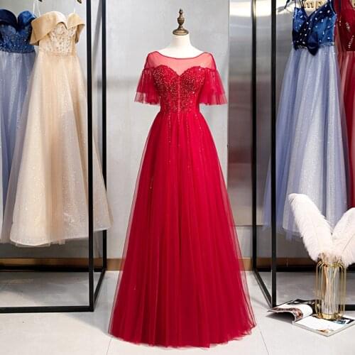 Bespoke Occasion Dresses Illusion O-Neck Short Lace Tulle Backless Sequined Beading Luxury Red Women Formal Evening Gown HB227
