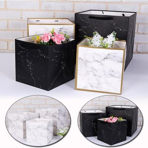 1PC Gift Boxes Marble Style Gift bag Kraft Paper Box For Flower Packing With String Square Cases Wedding Gift Packaging