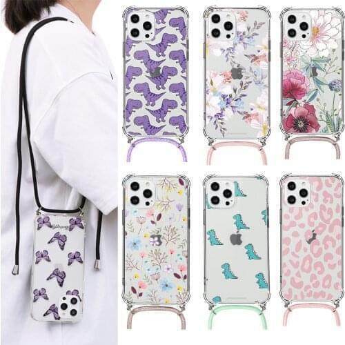 Necklace Lanyard Rope PC Cord Flower Case For Samsung Galaxy S21 FE S10 S8 S9 S20 Plus Ultra Silicone Necklace Back Cover Fundas