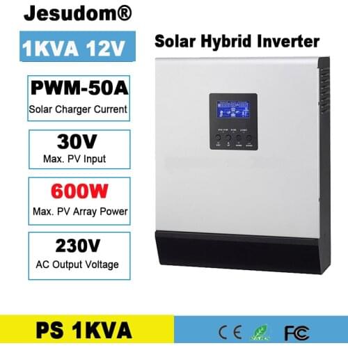 1KVA Solar Hybrid Inverter Pure Sine Wave 12VDC Input 220VAC Output Solar Inverter Built-in 50A PWM Solar Charge Controller