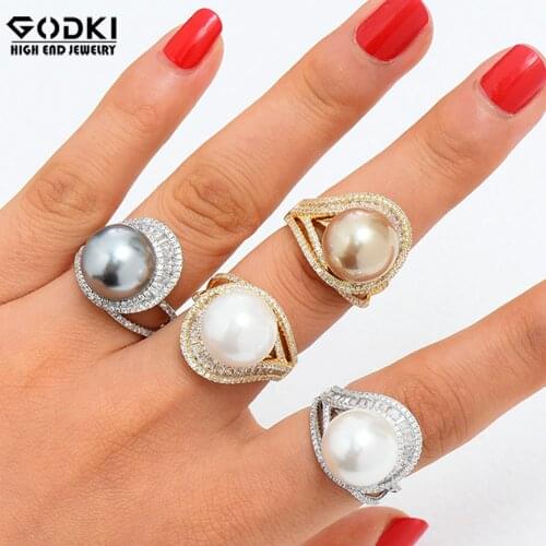 GODKI Luxury Big Imitation Pearl Flower Bold Statement Rings with Zircon Stones 2020 Women Engagement Party Jewelry High Quality