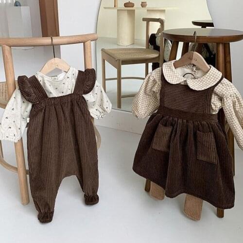 Ins Spring Autumn Baby Solid Color Corduroy Thicker Overalls and Lace Collar Shirt Optional