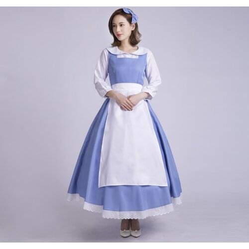 New Arrival Princess Belle Adult Cosplay Costume Blue Maid Fancy Halloween Party Dress Custom Made