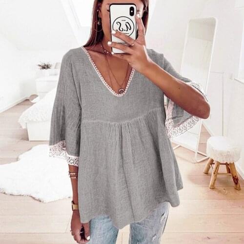 Summer Boho Beach Loose T Shirt Women 2021 Patchwork Hollow Out V-Neck Plus Size Solid Tops Femme Fashion Harajuku Y2k Sexy Tee