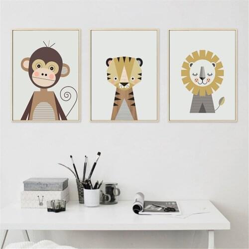 Cartoon Geometric Animal Canvas Painting Cute Elephant Lion Tiger Posters Simple Home Childrens Room Kindergarten Decor Picture