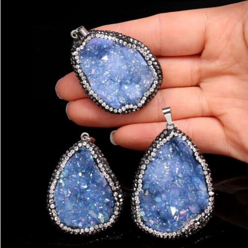 Natural stone Blue quartz crystal Stone Pendant agates Druzy pendulum charm Necklace pendants jewelry making Reiki Healing Gift