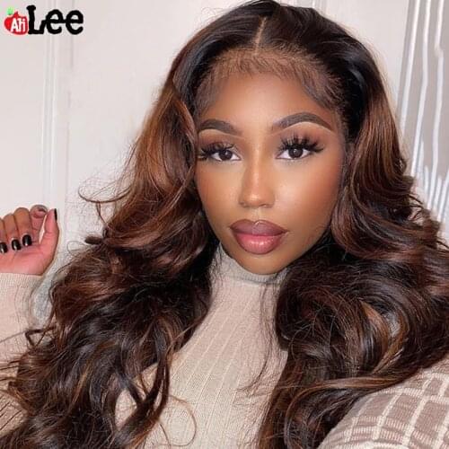 Highlight Brown Colored Human Hair Wigs Peruvian Body Wave Human Hair Transparent Lace Frontal Wig Pre Plucked Bleached Knots