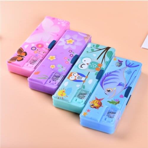 Plastic double-deck pencil box for pupils multi-purpose pencil box pencil bag with pencil sharpener on both sides