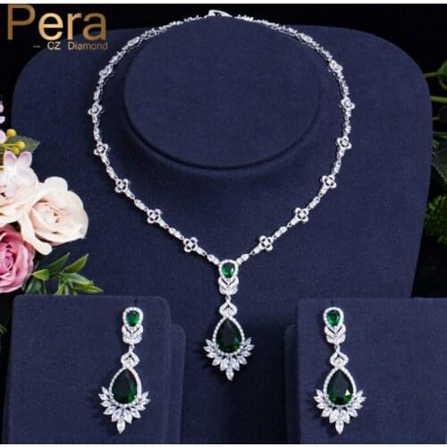 Pera Elegant Green Cubic Zirconia Long Dangling Water Drop Pendant Necklace Earrings Set for Brides Wedding Party Jewelry J349