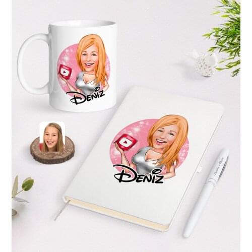 Personalized Women 'S Youtuber Caricature Of White Notebook pen And Mug Seti-2