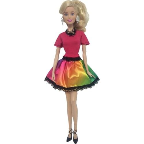 1 Pcs Round Neck Rainbow colored Dress Short Sleeved Fashion Shirt For Barbie Doll Accessories 071A