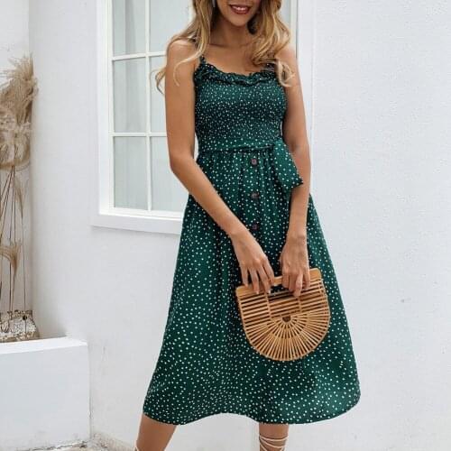 High Waist Vestido Boho Red Blue Spaghetti Strap Dress Female Summer Printed Ruffles Lace-up Button Women Polka Dot Dress Tunic