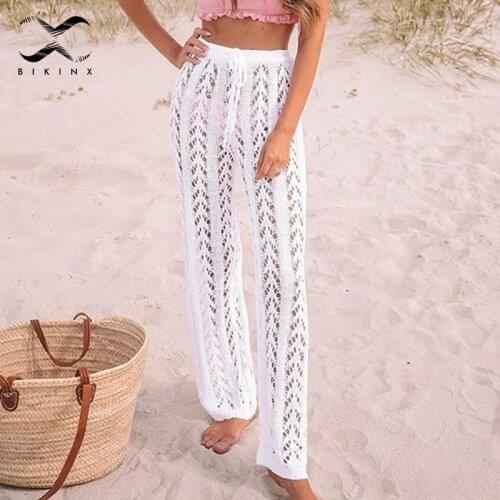 High waist beach pants 2020 Fashion Crochet fishnet Summer beach wear women Hollow out swimsuit cover-ups female Pants kimono