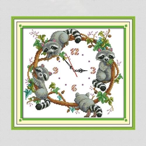 Joy Sunday The Cute Little Raccoons Wall Clock Counted Printed Pattern 11&14CT Cross Stitch Kits Embroidery Needlework Sets Toys