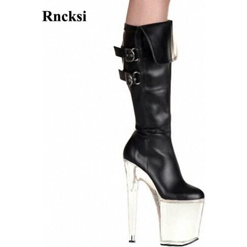 Rncksi Girls Party Queen Zipper Chick Heels Transprant Platform Womens Boots Dance Shoes 20cm Heels High Knee High Boot