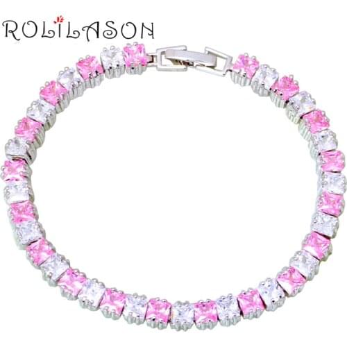 ROLILASON Trendy Charm Bracelets for Women Beautiful Pink Zircon Silver Fashion Jewelry for Women TBS1082