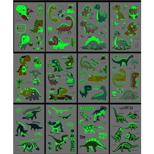 Luminous Dinosaur Kids Tattoo Stickers Cartoon Fun Glowing Stickers Temporary on Face Arm Leg for Child Body Art Decoration New