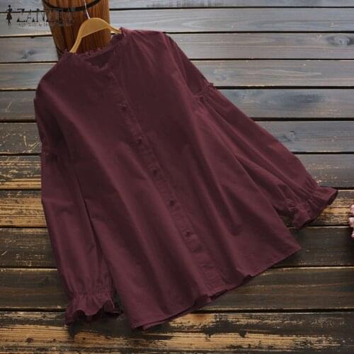 Vintage Ruffle Shirts Womens Solid Blouse ZANZEA 2021 Casual Long Sleeve Blusas Female Button Bluas Female Solid Tunic Plu Size