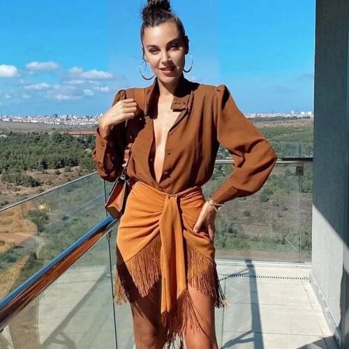 Foridol high waist bodycon tassel mini skirt women autumn winter irregular slit brown short skirt ladies bottoms 2020