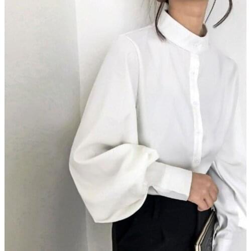 Women Autumn Winter Single Breasted Lantern Sleeve Stand Collar Shirt Blouse