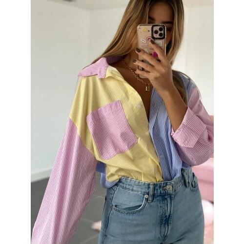 JUNWU Summer Color Vertical Stripes Stitching Pocket Lapel Loose Jacket Single-Breasted Long-Sleeved Shirt Casual Za Street
